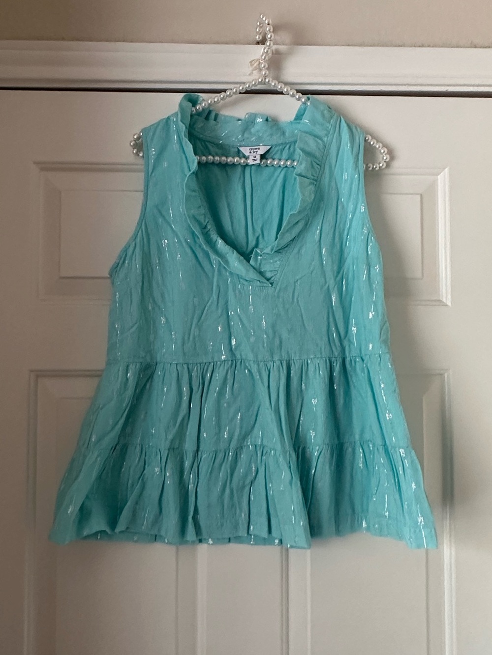 Crown & Ivy Aqua Blue Metallic Ruffle Top